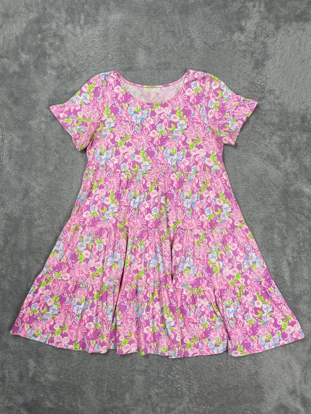 Lilly Pulitzer T-Shirt Dress Womens L Pink Floral Swing Ruffle Hem Jersey Knit
